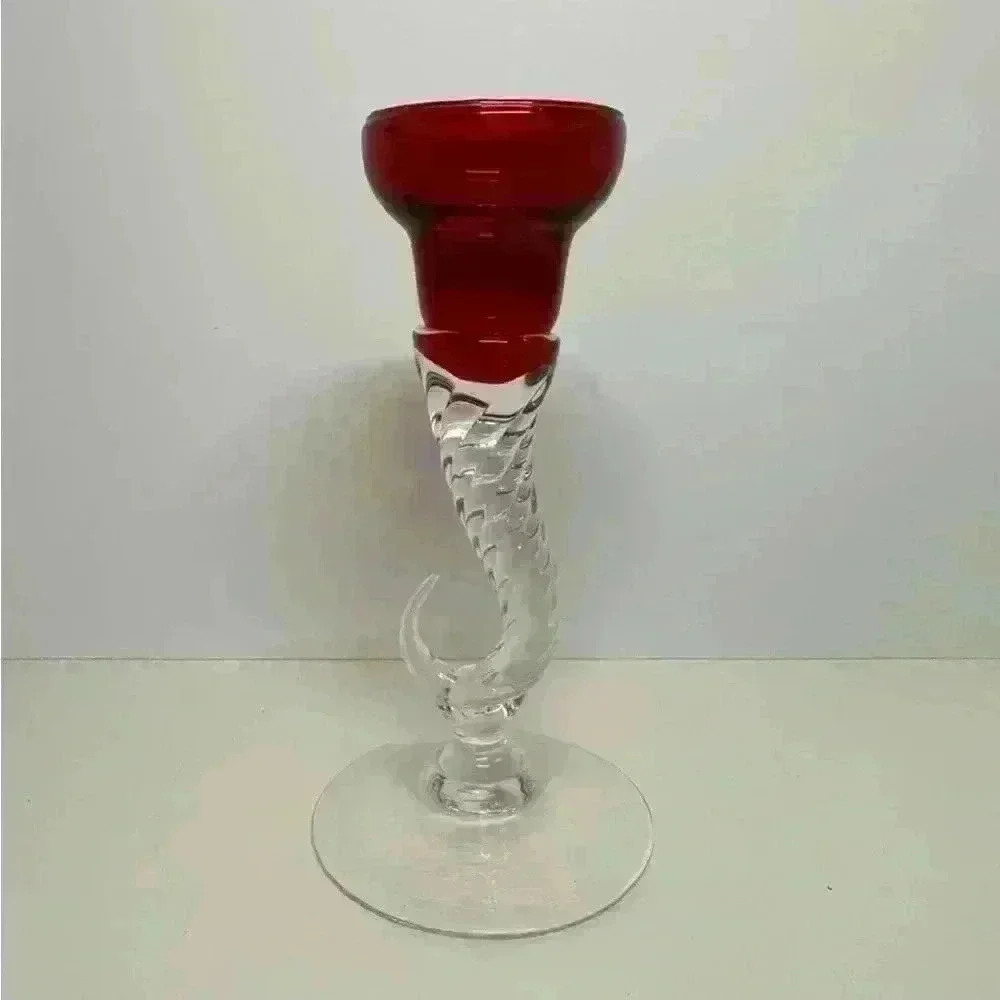 Ruby Red Cornucopia Swirl Hook Candlestick‎ Holder
